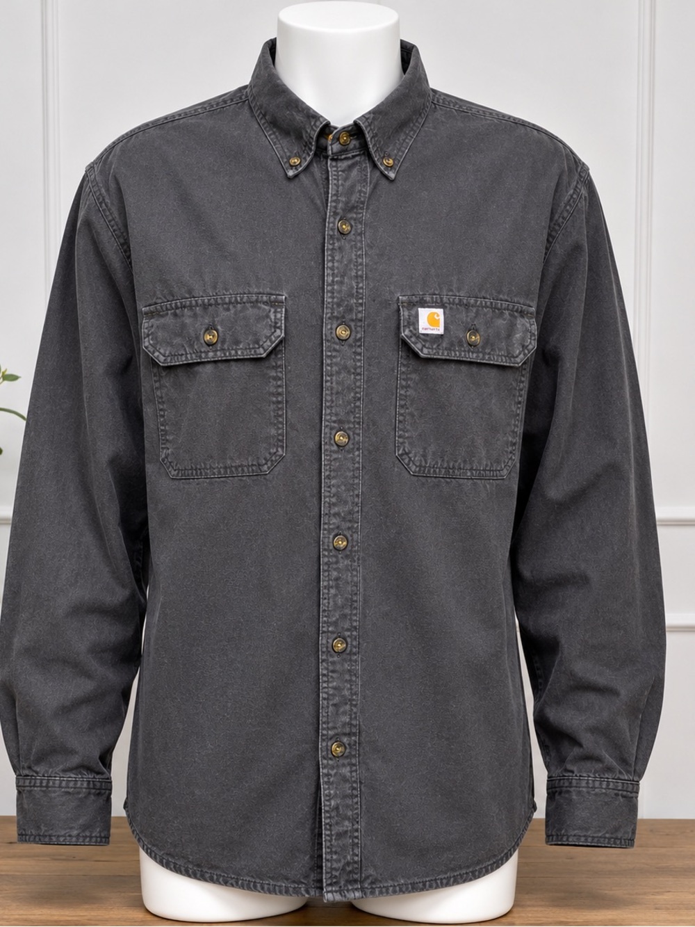 Carhartt Original Fit Button Front Work Shirt Gray Long Slv Men’s M Logo Pocket